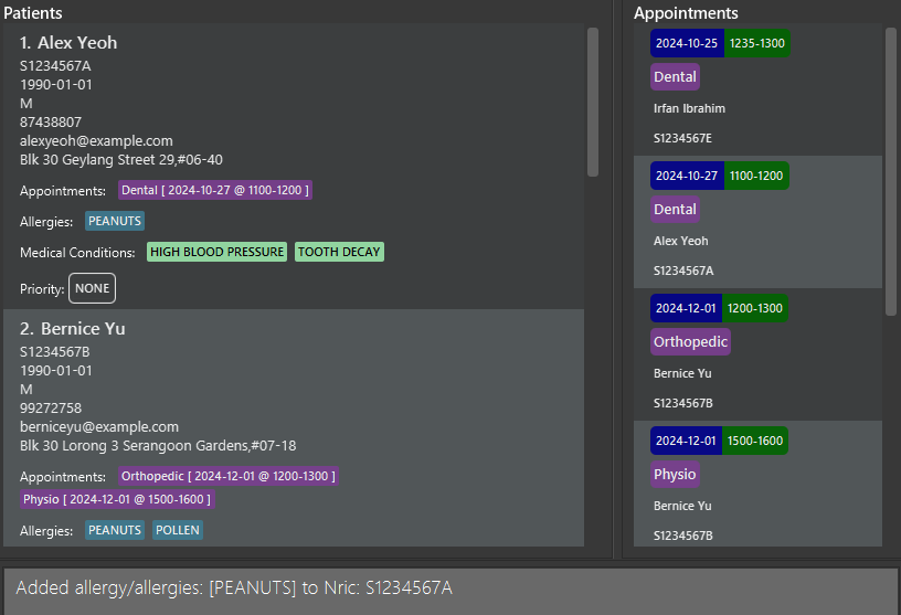 result for addAllergy command example