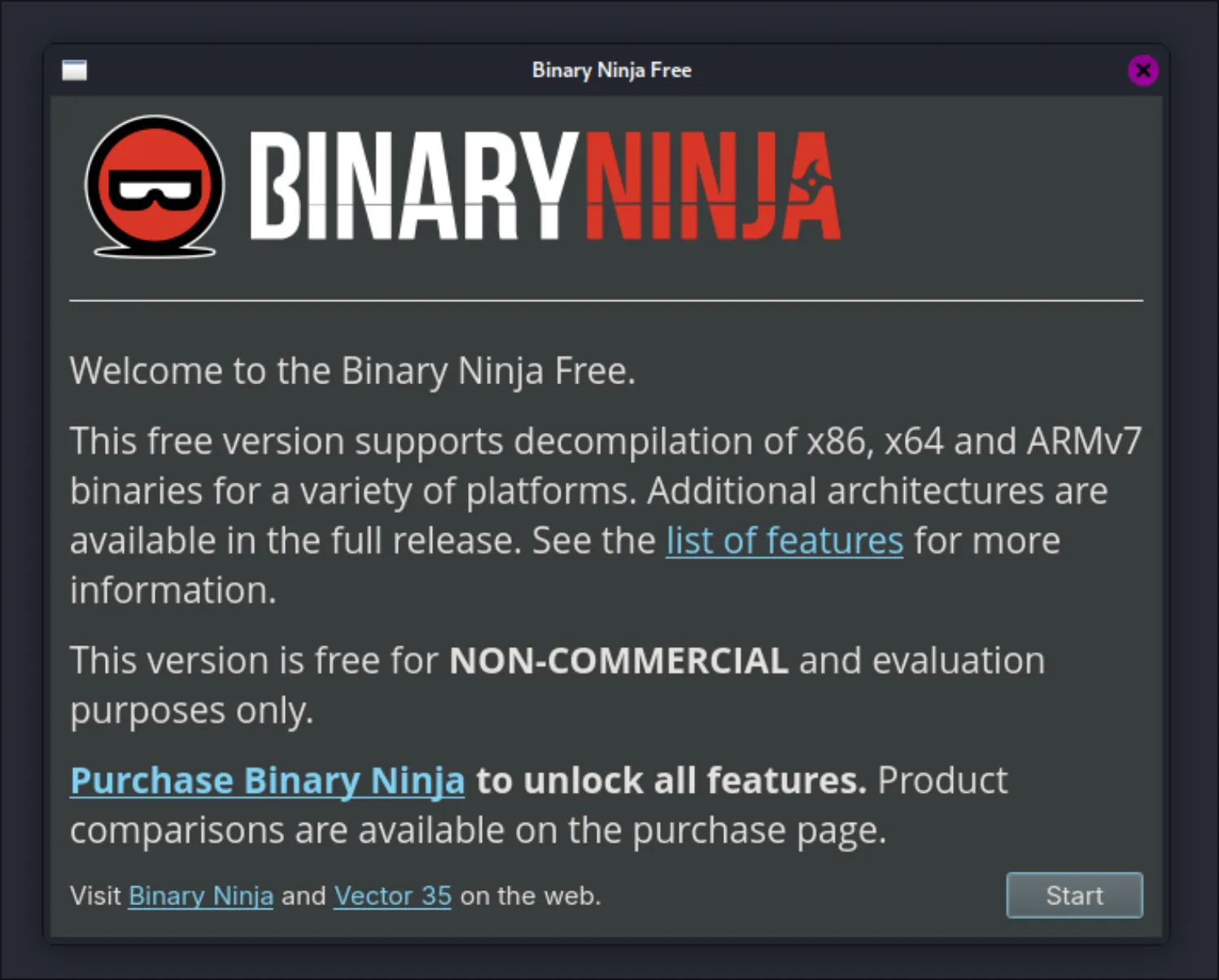 binja welcome screen